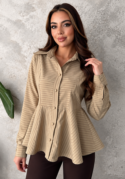 Chemise Péplum Rayée – Beige